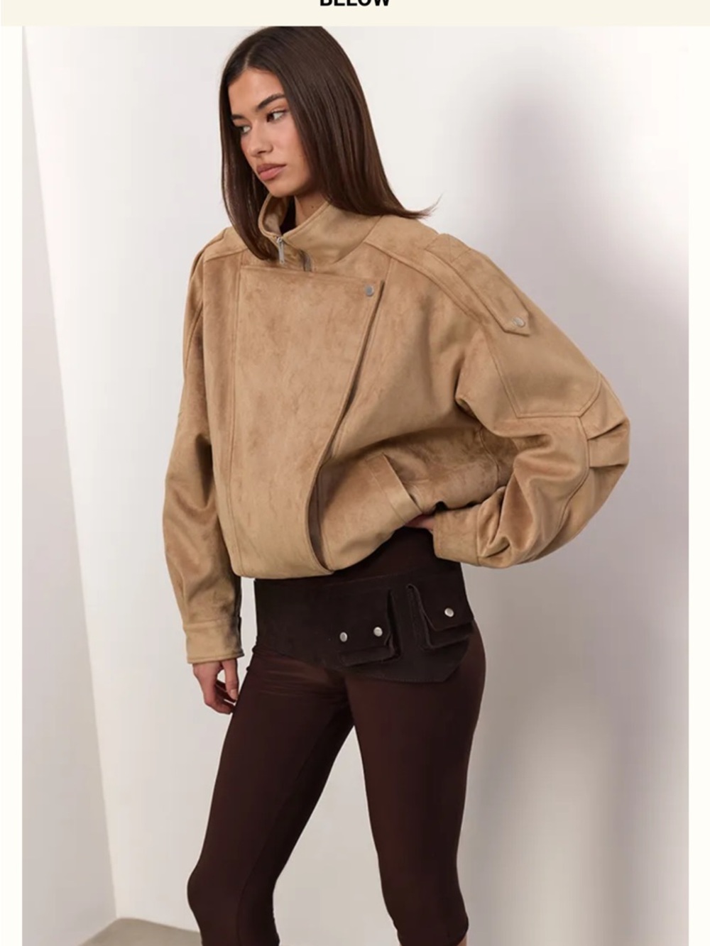 PrettyLittleThing Funnel Neck Low Belt Soft Suede Biker Jacket
